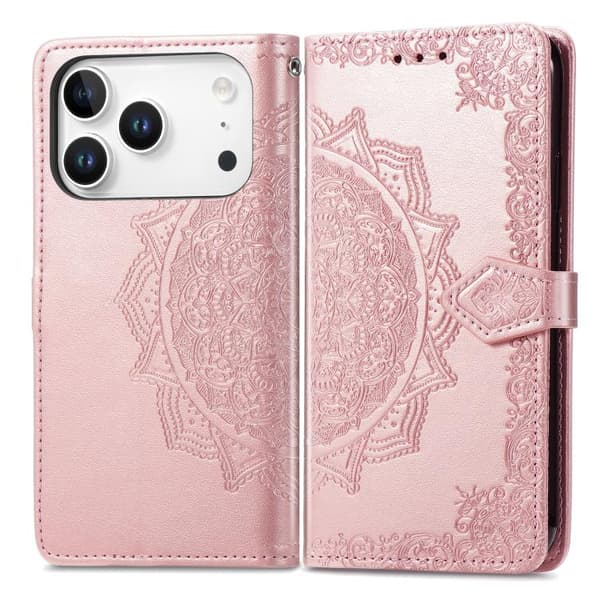 iPhone 18 Pro / iPhone 17 Pro Skal Läderfodral med Mandala Blomma Prägling Roséguld