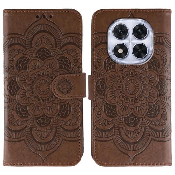 Redmi Note 14 Pro 4G/5G/Note 14 Pro+, Sol Mandala Pr präglad läderfodral Brun