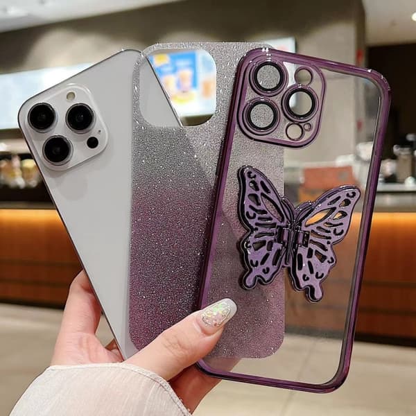 iPhone 16 Pro Skal med Elektropläterad Gradient Glittrande 3D Fjäril TPU Gradient lila