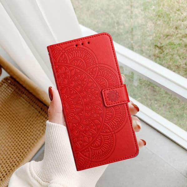 Redmi Note 14 4G - Blommig Prägad Läderfodral Röd