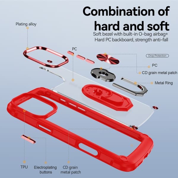 iPhone 16 Pro Max Skal med TPU + PC Linsskydd och Ringhållare Röd
