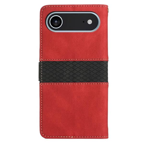 iPhone 17 Air Skal läderfodral med lanyard - Grid Stitching Röd