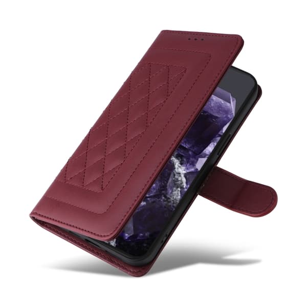för Pixel 9 Pro Skal i Diamantmönstrad Läder Flip Design Vinrött