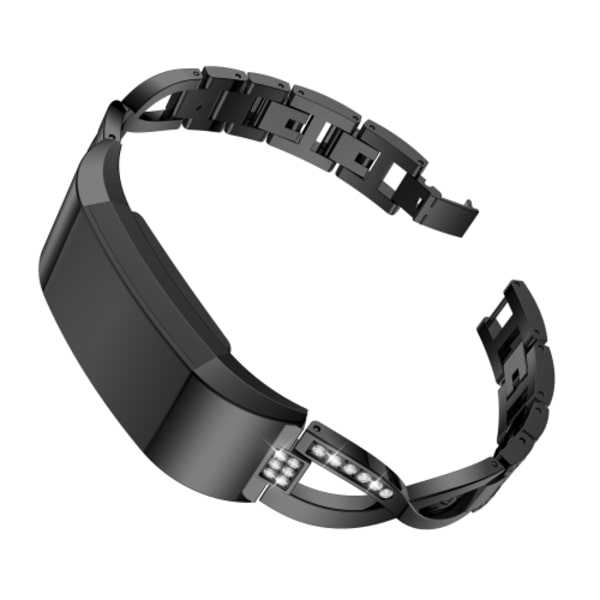 X-formad watch i massivt rostfritt stål med diamanter för Fitbit Charge 2 Black