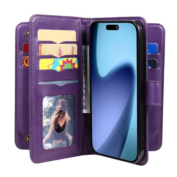 iPhone 17 Air Skal läderfodral med multifunktion och 10 kortfack Violett
