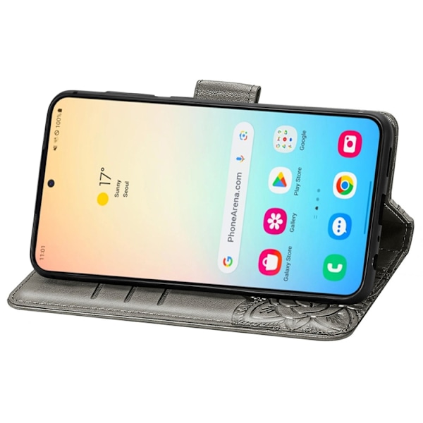 Samsung Galaxy S24 5G Skal med Prägling av Fjäril och Blommor Grå