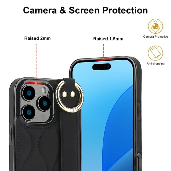 iPhone 16 Pro Max Skal med Handledsrem - Non-slip Full Coverage PU Skydd Svart
