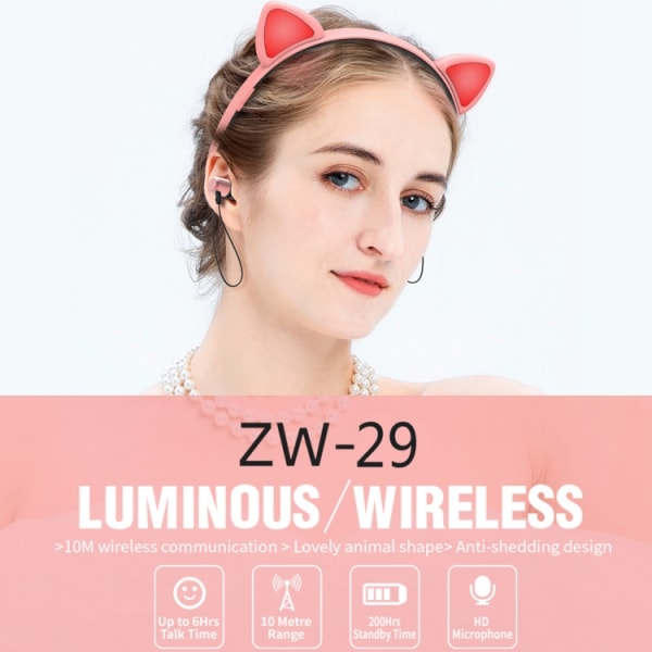 ZW29 Cat Ear Stereo Sound HIFI Fashion Outdoor Portable Sports Wireless  Bluetooth Headset med Mic & LED Light Glowing Gul