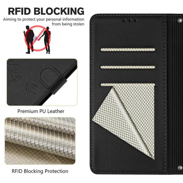 iPhone 17 Skal läderfodral med Smile Embossing RFID Svart