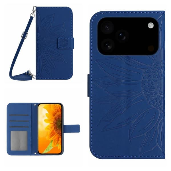 iPhone 18 Pro / iPhone 17 Pro Skal läderfodral med solrosprägling och lanyard Mörkblå