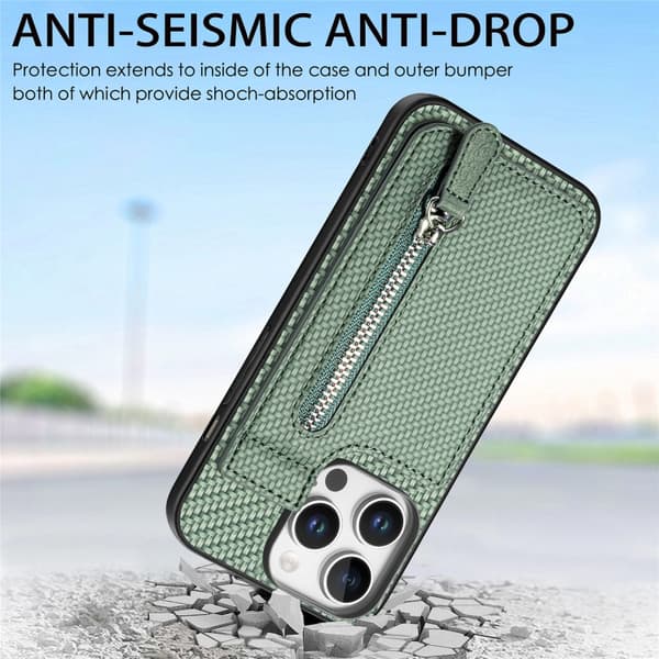 iPhone 16 Pro Kolfiber Vertikal Flip Zipper Skal Grön