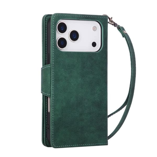iPhone 18 Pro / iPhone 17 Pro Skal läderfodral med Rivet Spänne för 9 Kort och Tredelad Design Grön