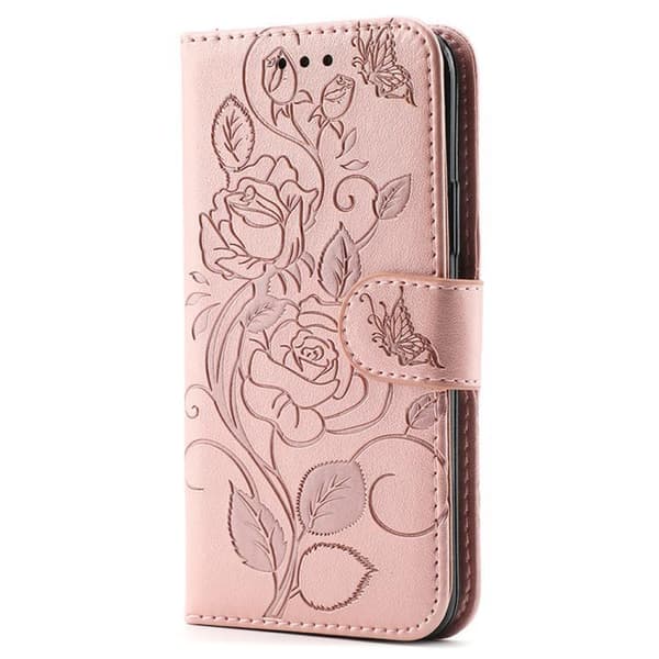 iPhone 18 Pro Max / iPhone 17 Pro Max Skal Läderfodral med Rosafärgad Fjäril Prägling Roséguld