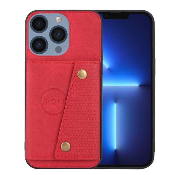 iPhone 16 Pro Skal med Dubbel Spänne och Kortfack PU + TPU Röd