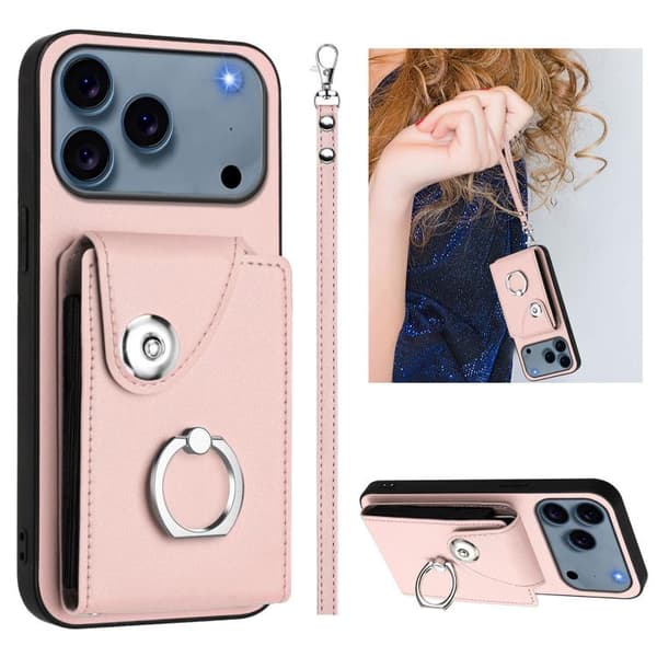 iPhone 18 Pro Max / iPhone 17 Pro Max Skal med Organiseringskort, Ringhållare och Lanyard Rosa