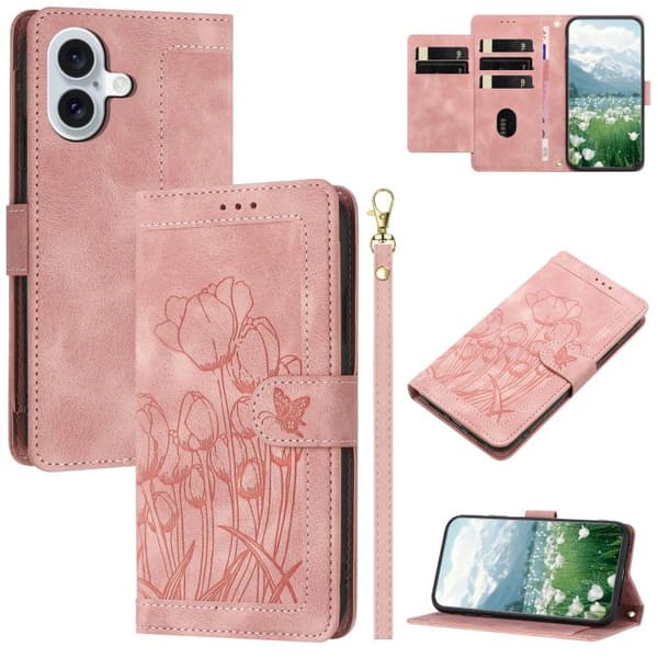 iPhone 17 Skal läderfodral med tulpaner och snodd Rosa