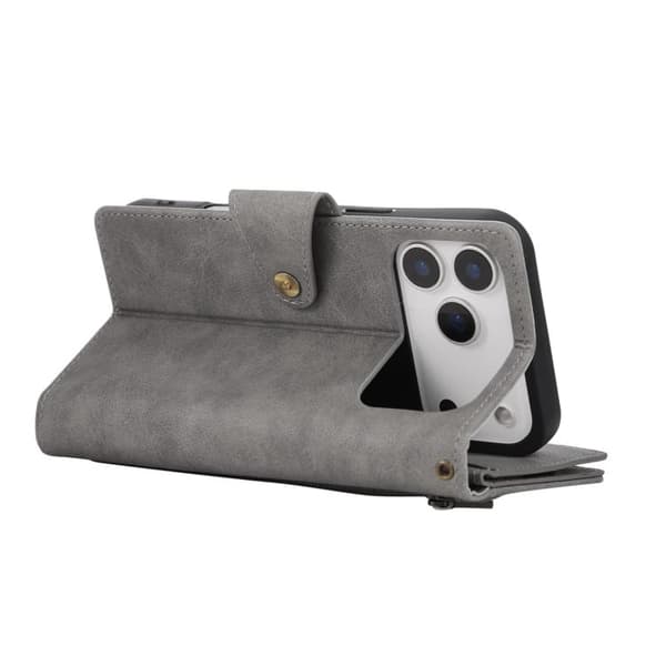 iPhone 18 Pro Max / iPhone 17 Pro Max Skal läderfodral med Rivet Spänne för 9 Kort och Tredelad Design Grå