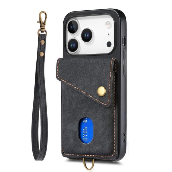 iPhone 18 Pro Max / iPhone 17 Pro Max Skal läderfodral med retro kortficka och rem Svart
