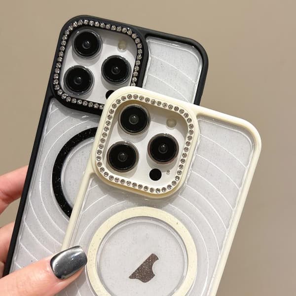 iPhone 16 Pro Skal med Diamantlinsram och MagSafe Vågtextur - Klar Telefonfodral Blå