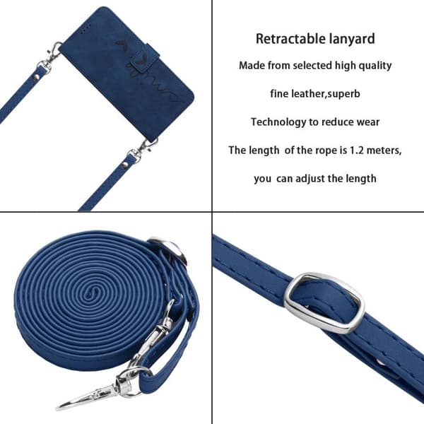 iPhone 17 Pro Max Skal läderfodral med hjärtprägling och lång rem Blå