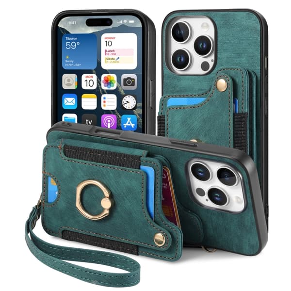 iPhone 16 Pro Max Retro Skinnkänsla Ring Multi-kort Plånboks Skal Grön