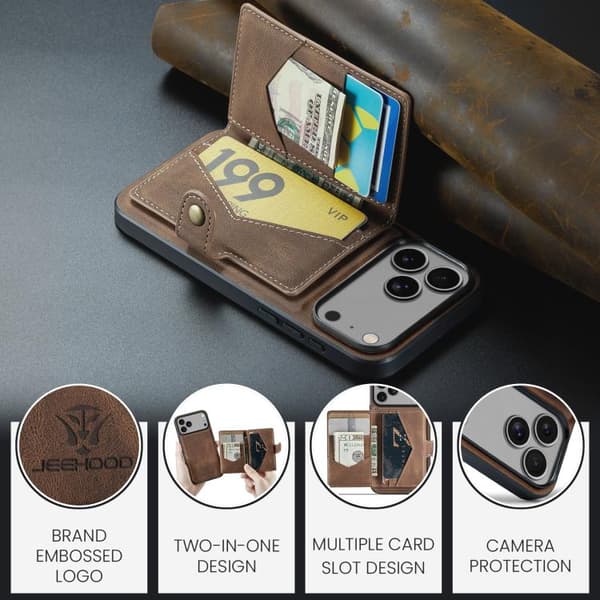 iPhone 18 Pro / iPhone 17 Pro Skal JEEHOOD Retro Magnetisk Avtagbar Plånboksfodral Brun