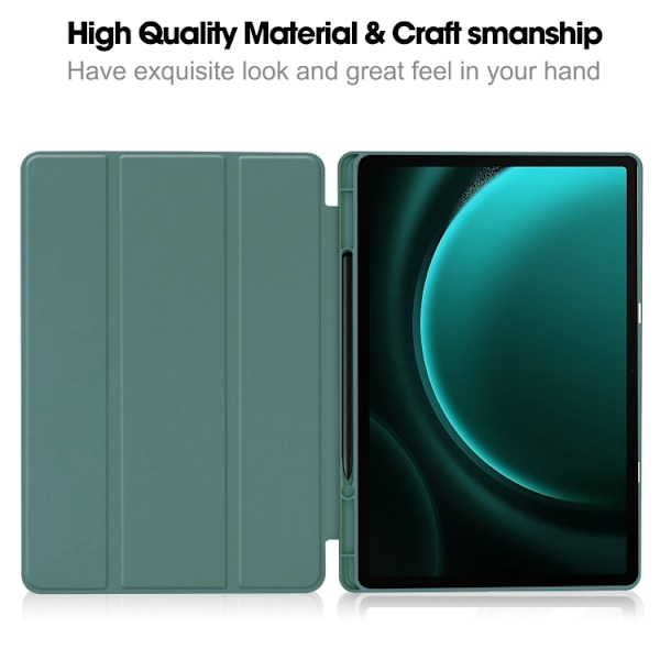 Samsung Galaxy Tab S9 FE+/S10+ Skal i TPU Smart Läder med Penna Fack - 3-Faldig Ren Färg Mörkgrön