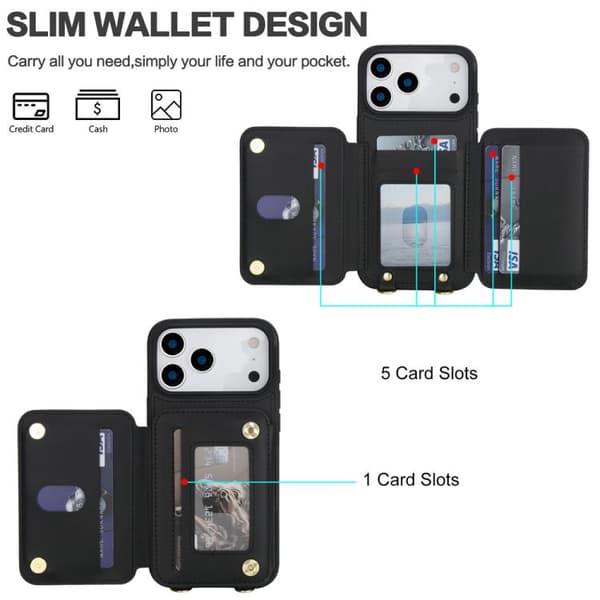 iPhone 18 Pro Max / iPhone 17 Pro Max Skal med Zipper och Dubbel Lanyard Svart