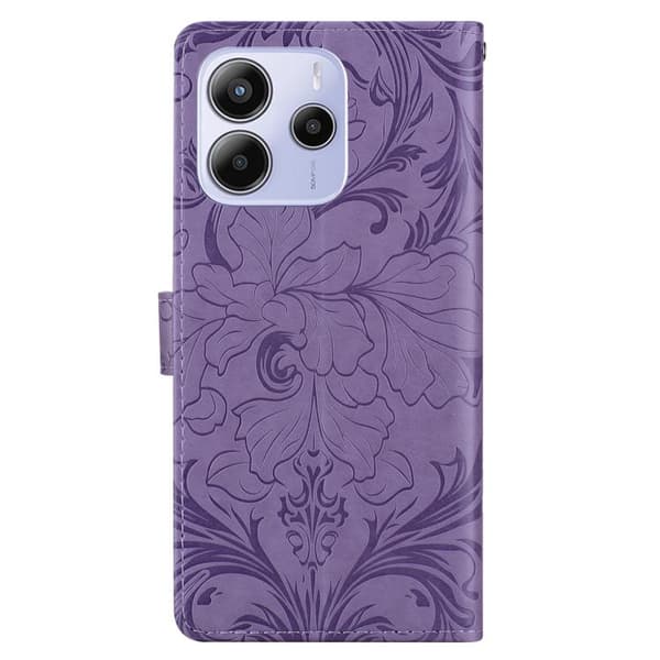 Redmi Note 14 5G - Prägad Blommönster Läderfodral Purpur