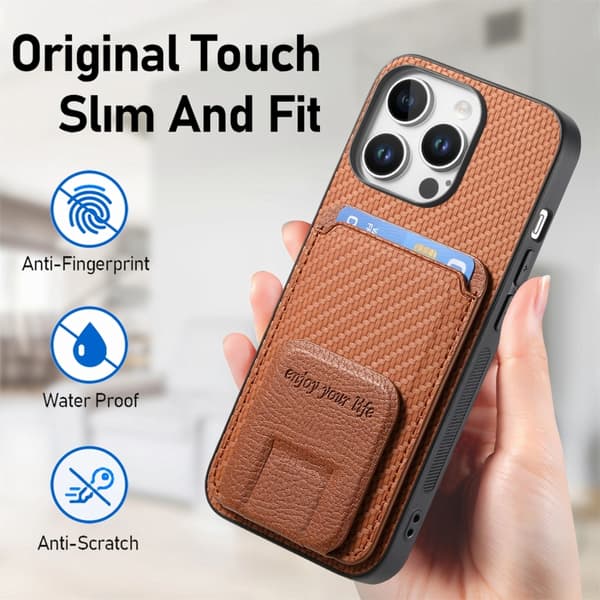 iPhone 16 Pro Max Kolfiber Kortväska Fällbar Ställ Skal Brun