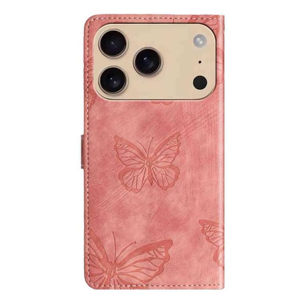 iPhone 18 Pro / iPhone 17 Pro Skal läderfodral med präglad fjärilsmönster Rosa