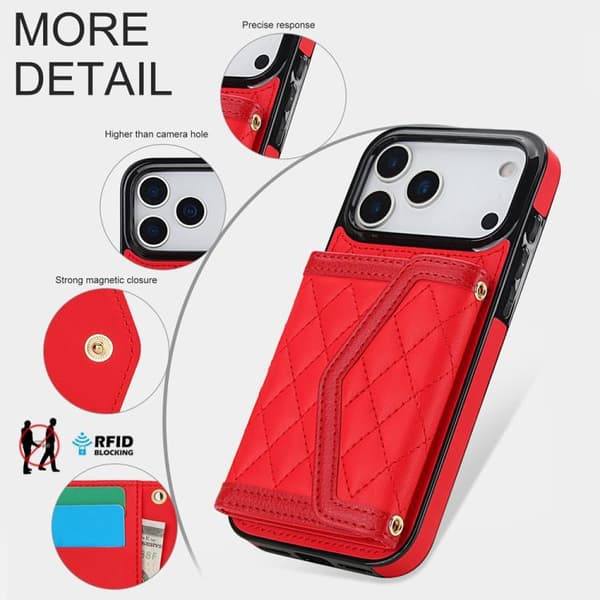 iPhone 18 Pro / iPhone 17 Pro Skal med Spaltad Rhombisk Textur och Lång Rem Röd
