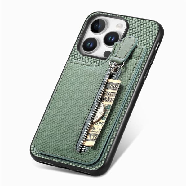 iPhone 16 Pro Kolfiber Vertikal Flip Zipper Skal Grön