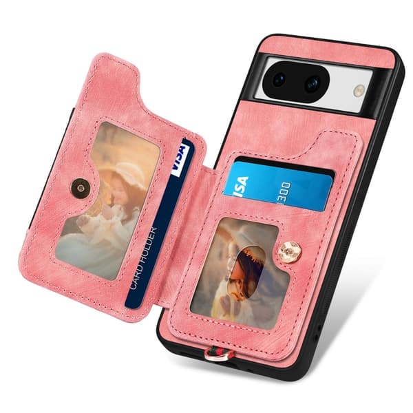 för Pixel 8a Skal med Retro Skin-feel och Ring, Multi-kort RFID Plånboksfodral Rosa