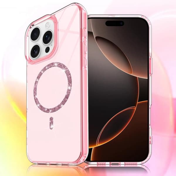 iPhone 16 Pro Max Transparent MagSafe Glittrande Pulver Akryl Skal Rosa