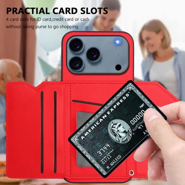 iPhone 18 Pro / iPhone 17 Pro Skal med Fyra Kortfack och Handledsrem Röd