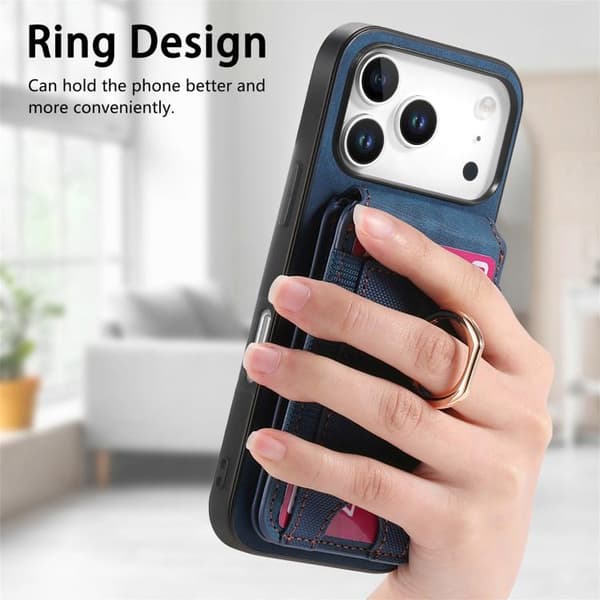 iPhone 18 Pro Max / iPhone 17 Pro Max Skal läderfodral med retro delbart magnetiskt stativ och kortfack Blå