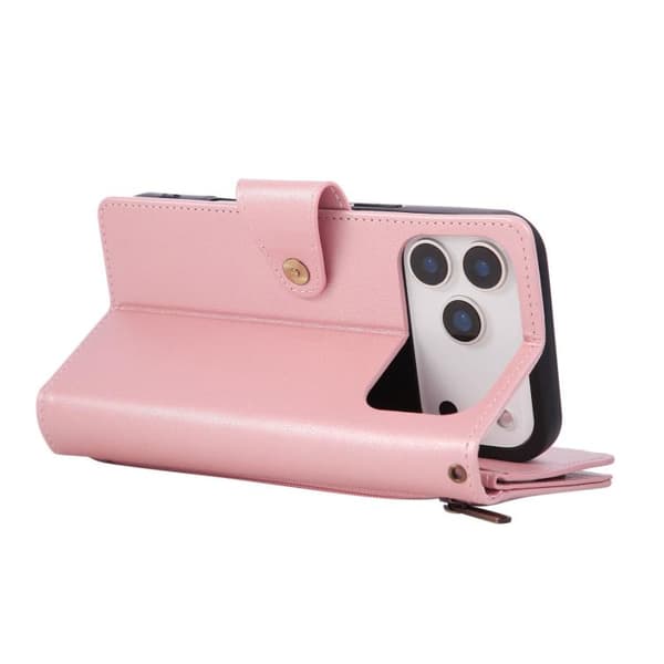 iPhone 18 Pro Max / iPhone 17 Pro Max Skal läderfodral med Rivet Spänne för 9 Kort och Tredelad Design Roséguld