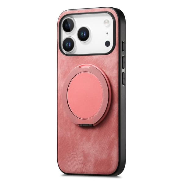 iPhone 18 Pro / iPhone 17 Pro Retro Läder Rotations Rund Skal Rosa