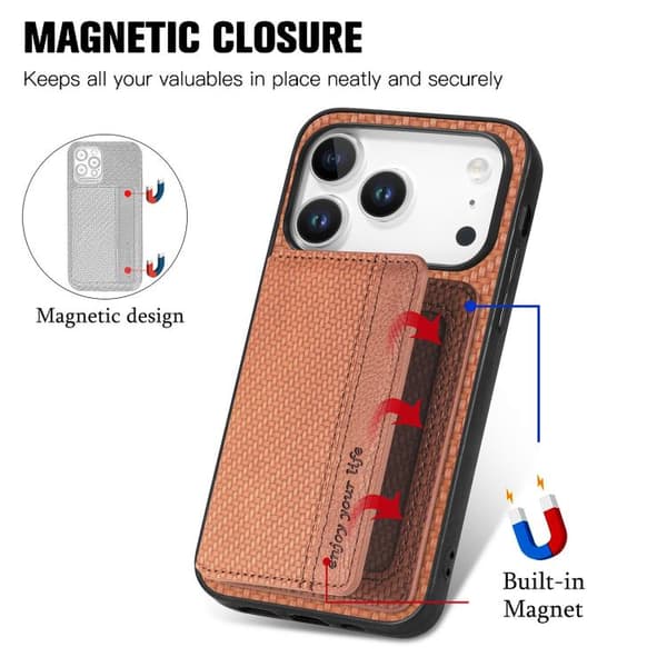iPhone 18 Pro / iPhone 17 Pro Skal - kolfiber med magnetisk kortplånbok och RFID-skydd Brun