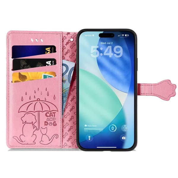 iPhone 18 Pro Max / iPhone 17 Pro Max Skal läderfodral med präglade katter och hundar Rosa