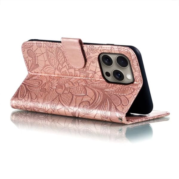 iPhone 16 Pro Lace Flower Embossing Fodral - Elegant Skal Läder med Blommönster Roséguld