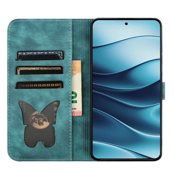 Redmi Note 14 5G - Flip Läderfodral med Embossed Fjäril och Katt Wathet