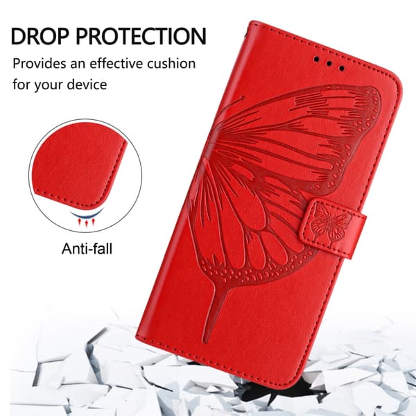 iPhone 16 Pro Max Embossed Butterfly Fodral - Elegant Skal Läder med Utsökt Design Röd