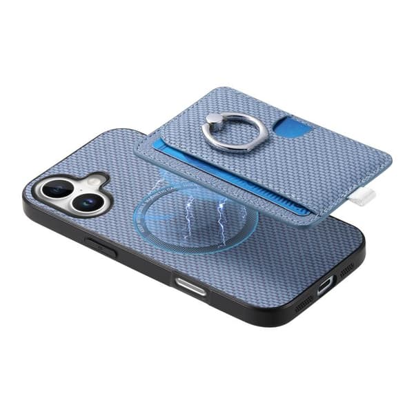 iPhone 17 Skal med kolfiber ring och sidofack för kort, MagSafe Blå