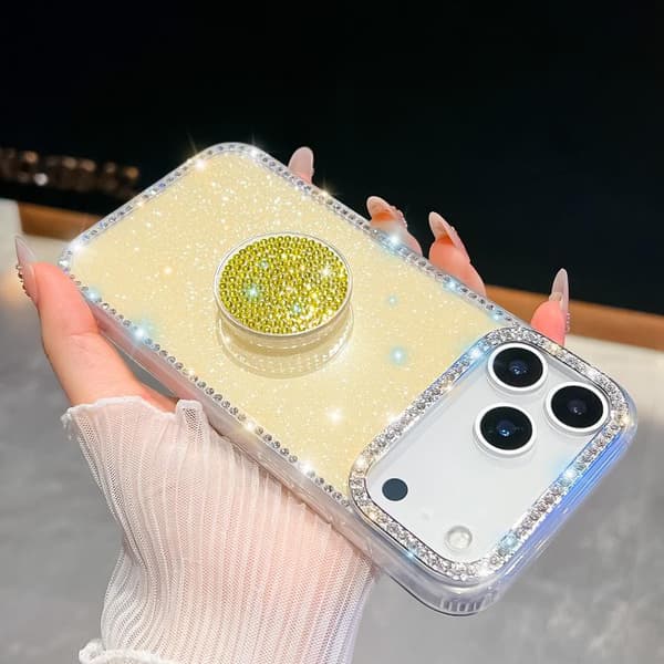 iPhone 18 Pro Max / iPhone 17 Pro Max Skal med Diamantglitter och Rund Hållare Ljusgul