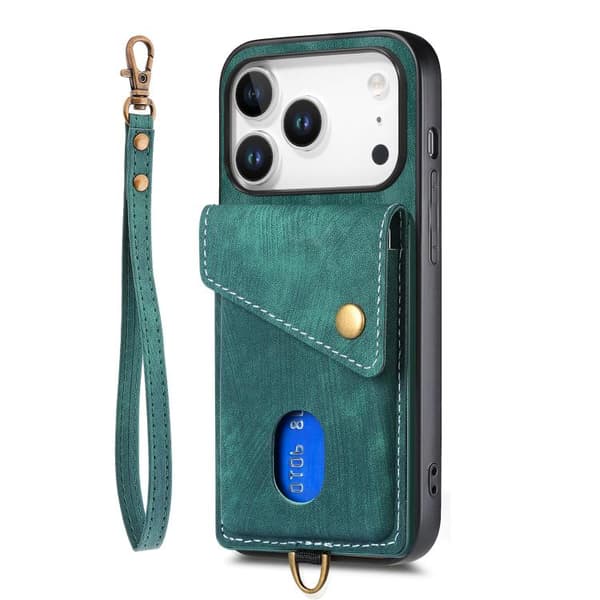iPhone 18 Pro Max / iPhone 17 Pro Max Skal läderfodral med retro kortficka och rem Grön