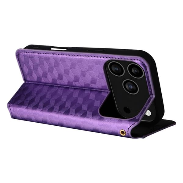 iPhone 18 Pro Max / iPhone 17 Pro Max Skal läderfodral med kubisk rutmönster Purpur