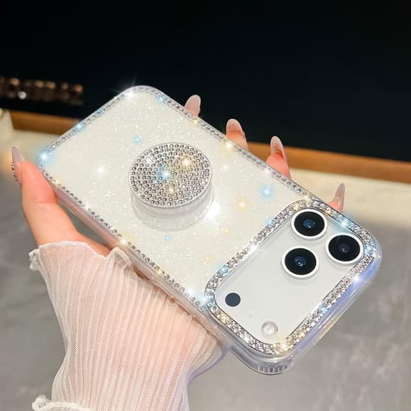iPhone 18 Pro / iPhone 17 Pro Skal med Diamantglitter och Rund Hållare Transparent