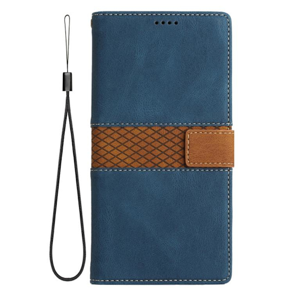 iPhone 17 Pro Skal läderfodral med lanyard - Grid Stitching Blå